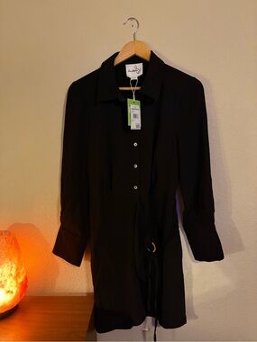 Sam Edelman Black Long-Sleeve Shirt Dress with Waist Tie Detail